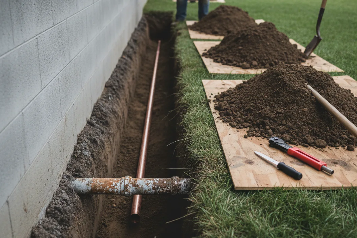 Excavated water line trench during Water Softener Installation in Boca Grande